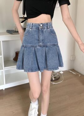 Blue Wide-Pleated Denim Skirt | Shuhua - (G)I-DLE