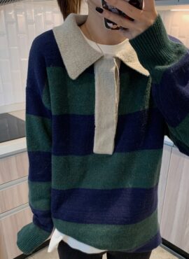 Blue And Green Collared Stripe Sweater | Jeongin - Stray Kids