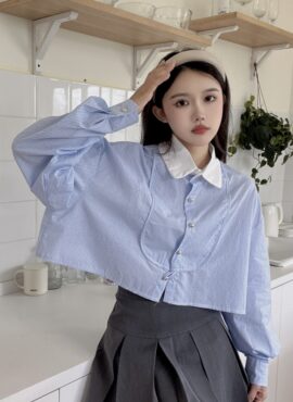 Blue Long Sleeve Cropped Shirt | Minnie - (G)I-DLE