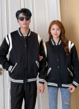 White Lined Black Baseball Jacket | Rose - BlackPink