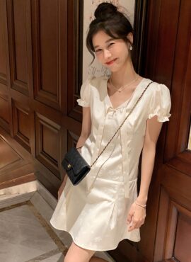 White Puff Sleeves Floral Satin Dress | Yeon Bo Ra - Bo-Ra! Deborah