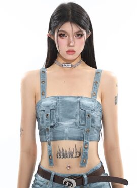 Blue Denim Top With Belt Hole Embellishments | Winter - Aespa