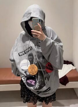 Grey Collage Printed Hoodie | Mingi - ATEEZ