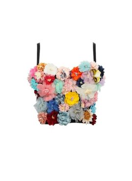 Multicolored Faux Flower Padded Crop Top | Jennie - BlackPink