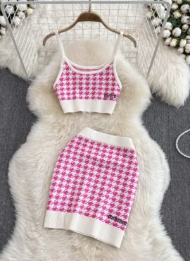 Pink Houndstooth Pattern Top And Skirt Set | Nayeon - Twice