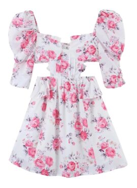 White And Pink Hollow Waist Floral Dress | Sana - Twice