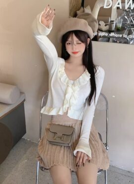 White Frilled V-Neck Cardigan | Shuhua - (G)I-DLE