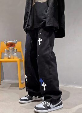 Black Wide Leg Pants With Blue Cross Details | Mark - NCT