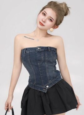 Blue Denim Corset-Style Tube Top | Miyeon - (G)I-DLE