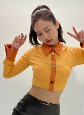 Orange Collared Knit Cardigan | Jennie - BlackPink