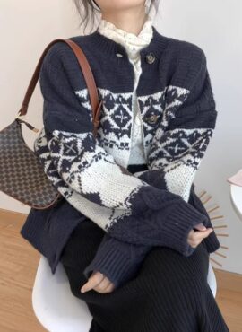 Dark Blue Argyle Pattern Woolen Cardigan | Karina - Aespa