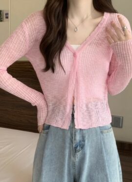 Pink V-Neck Scallop Edge Cardigan | Solar - Mamamoo