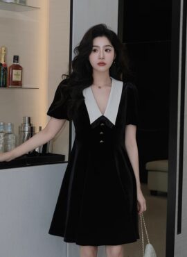 Black Pointed Collar Velvet Dress | Sana - Twice