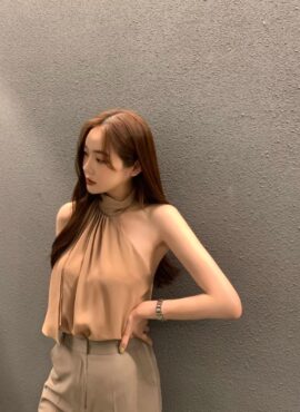 Beige Chiffon Halter Neck Top | Yoon Si Hyeon - Celebrity