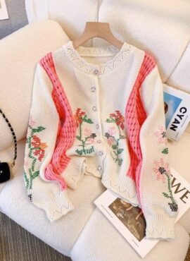 Beige Flower Designed Knit Cardigan | Joy - Red Velvet