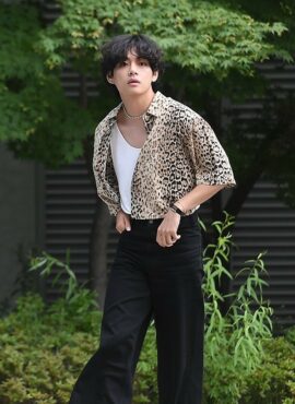 Beige Leopard Print Short Sleeves Oversized Shirt | Taehyung - BTS