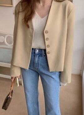 Beige V-Neck Blazer Jacket | Moonbyul - Mamamoo