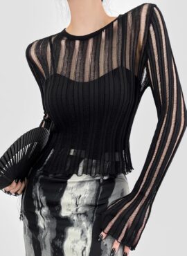 Black Striped Long Sleeves Mesh Top | Yiren - Everglow