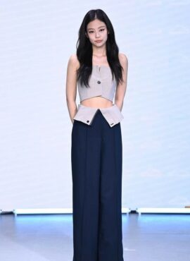 Black Folded Waist Wide Leg Pants | Jennie - BlackPink