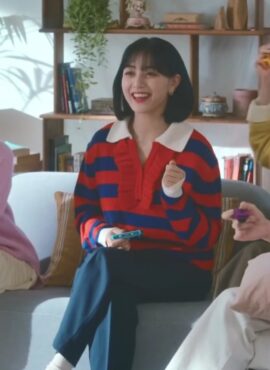 Red Collared Stripe Sweater With Ruffled Neckline | Jihyo - Twice