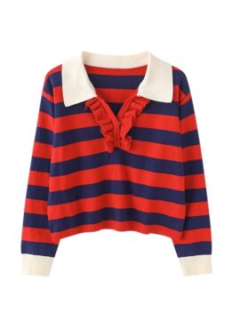 Red Collared Stripe Sweater With Ruffled Neckline | Jihyo – Twice