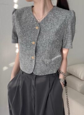 Grey Short Sleeve Button-Up Tweed Top | Onda - Everglow