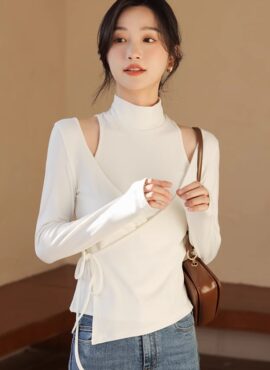 White Two-Piece Illusion Mock Neck Wrap Top | Wonyoung - IVE