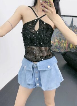 Black Halter Sequins Hollow Top | Chaewon - Le Sserafim