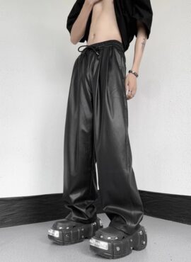 Black Wide Leg Faux Leather Pants | Jungkook - BTS