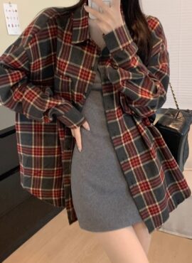 Grey And Red Plaid Long Sleeve Shirt | Taehyung - BTS