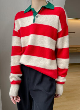 Red Long Sleeved Striped Polo Shirt | Taehyung  - BTS