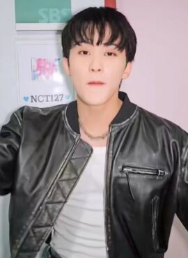 Black Faux Leather Cropped Bomber Jacket | Mark - NCT