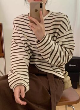 Beige Striped Long Sleeve T-Shirt | Jungkook - BTS