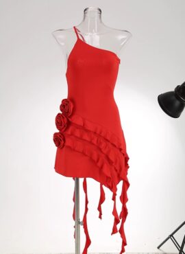 Red One-Shoulder Strap Ruffles Flowers Dress | Soyeon - (G)I-DLE