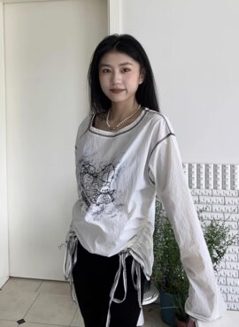 White Printed Drawstring Long Sleeve T-Shirt | Shuhua - (G)I-DLE