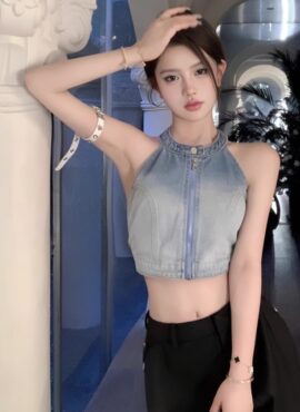 Blue Zipper Halter Denim Top | Ningning - Aespa